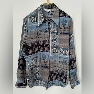 Vintage Tess Blue Black Heart Paisley Pattern Button Front Blouse Women’s Large